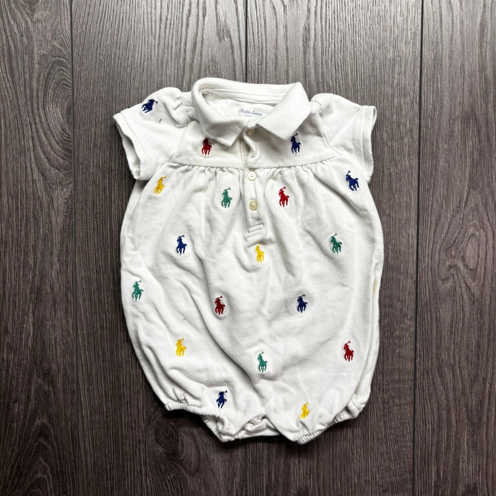 Ralph Lauren Baby Girls White Multi Pony Polo Bubble Romper 6M 6 Months